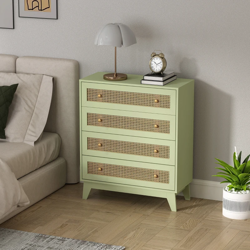HOMCOM Rattan Chest of Drawers, 4 Drawer Storage Unit with Tapered Legs, Bedroom Storage Organiser Dresser for Bedside, Entryway, Hallway, Living Room, Light Green