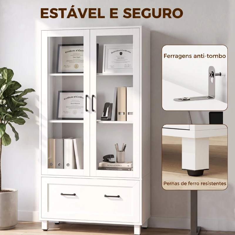 HOMCOM Arquivador com Portas de Vidro e Gaveta, Armário de Escritório com Barras Ajustáveis para Arquivo, 75x40x141 cm, Branco
