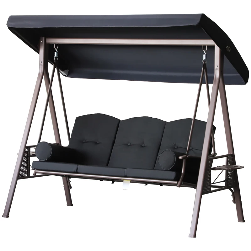 Outsunny Columpio de Jardín Exteriorde 3 Plazas con Toldo Ajustable Bandejas Laterales y 2 Almohadas 208x121x172 cm Negro