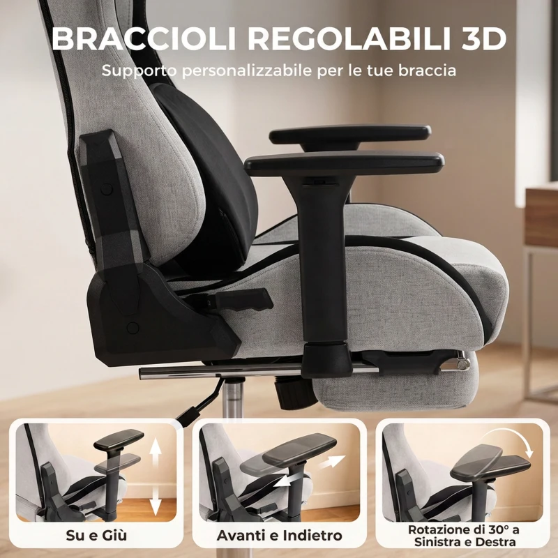 HOMCOM Sedia Gaming Ergonomica Massaggiante con Cuscino Lombare in Tessuto, 70.5x73x127.5-137.5 cm, Grigio