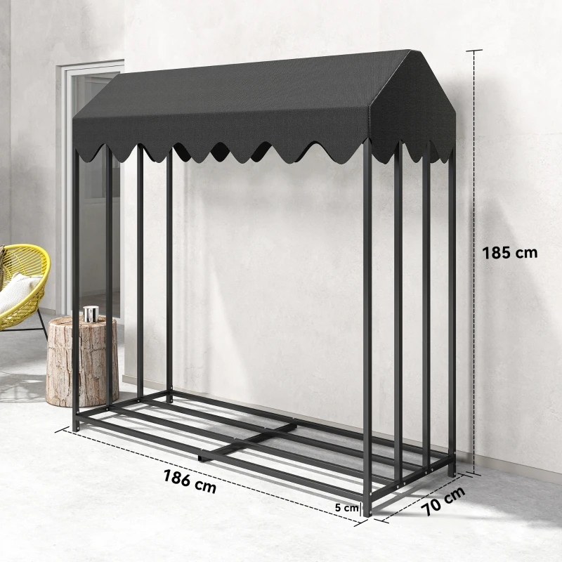 Outsunny Leñero Exterior Metálico de Chimenea Soporte para Leña con Cubierta Impermeable 186x70x185 cm Negro