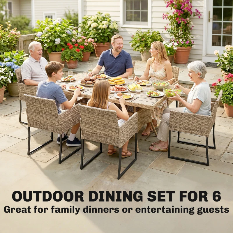 Outsunny 7 Piece Rattan Garden Furniture Set, Garden Dining Set with Wood-Plastic Table and 6 Stackable Chairs, Dark Grey