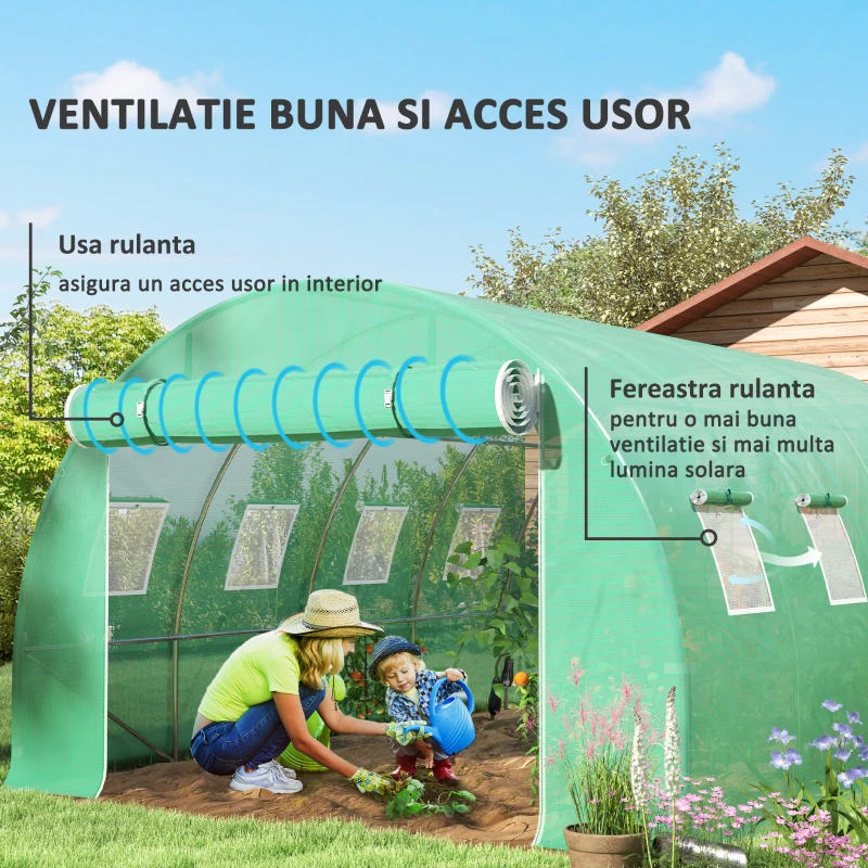 Outsunny Folie Seră din PE cu 8 Ferestre, Ușă Rulabilă și Margini Îngropabile, 4x3x2 m, Verde