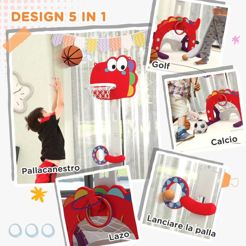 AIYAPLAY Canestro Basket per Bambini 5 in 1 con Altezza Regolabile, Porta da Calcio e Golf, Età 3-6 Anni, Rosso