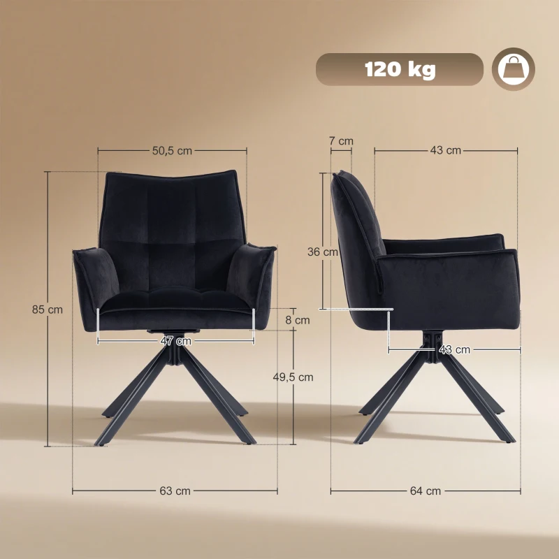HOMCOM Pack de 2 Sillas de Comedor Giratorias con Reposabrazos Respaldo Acolchado Tapizado en Terciopelo Patas de Acero Negro