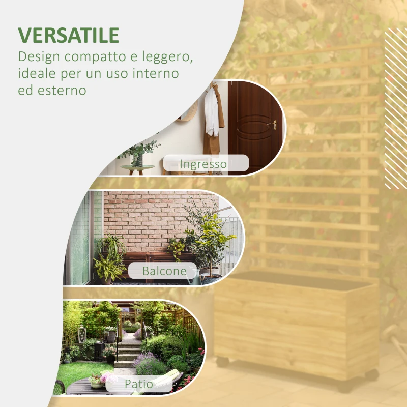 Outsunny Fioriera Verticale con 4 Ruote e Traliccio per Piante Rampicanti in Legno, 76x30x155 cm, Color Legno