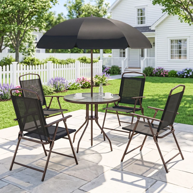 Outsunny Conjunto de Muebles para Jardín con 4 Sillas 1 Mesa y 1 Parasol Texteline Aluminio y Poliéster Negro