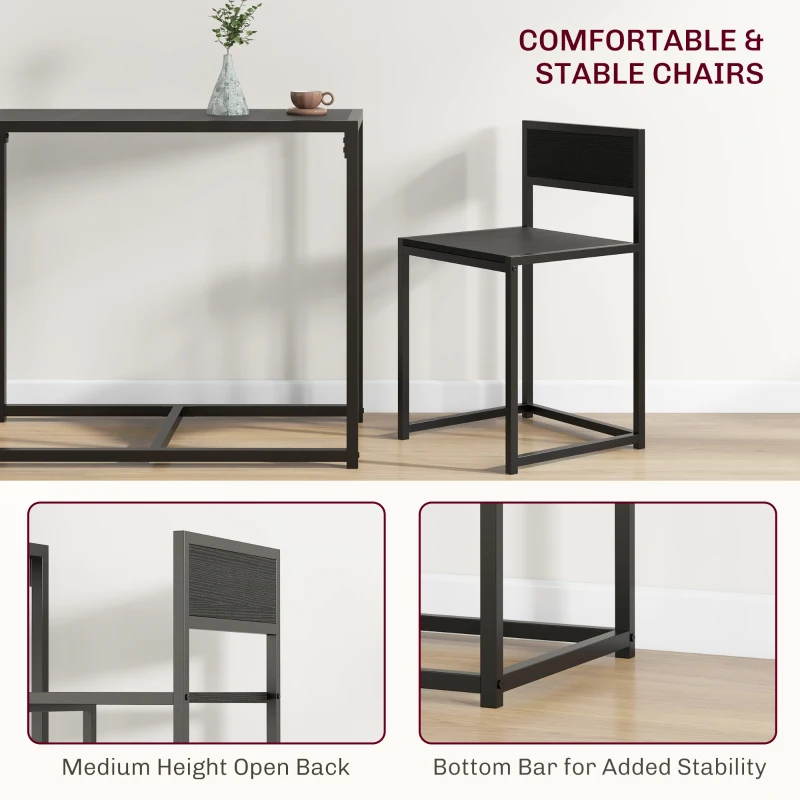 HOMCOM 3 Piece Dining Table and Chairs Set, Dining Room Sets, Rectangular Space Saving Table and 2 Chairs for Compact Kitchens, Steel Frame, Black