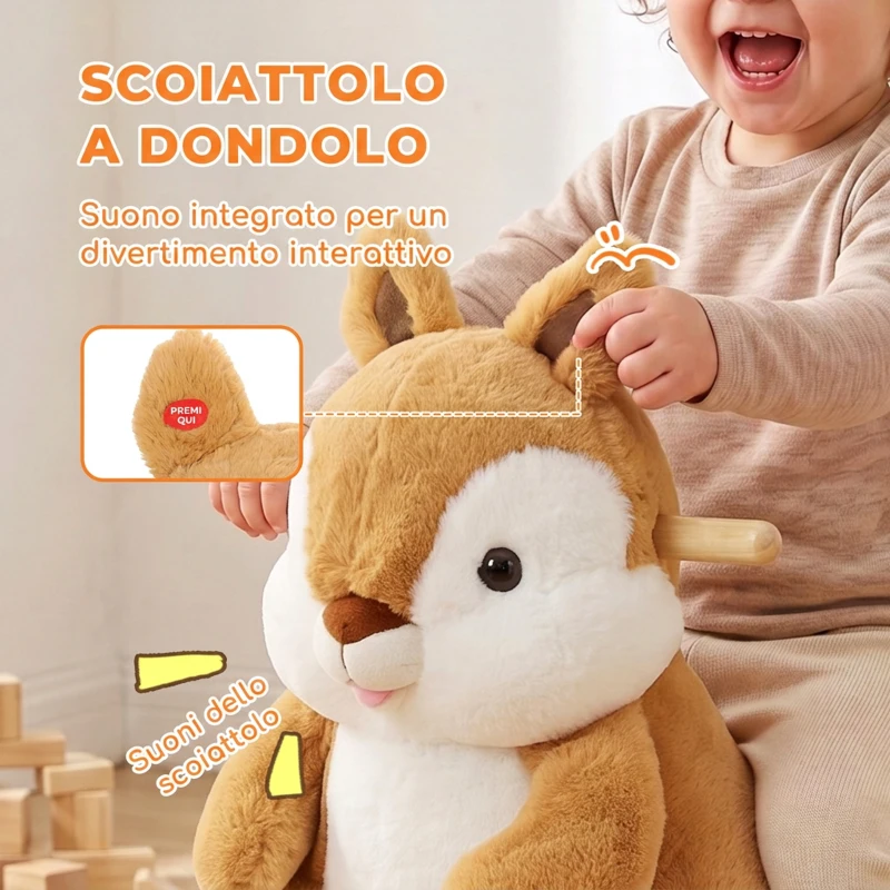 AIYAPLAY Dondolo per Bambini 1-3 Anni a Scoiattolo in Peluche, Suoni, Cintura di Sicurezza, Marrone