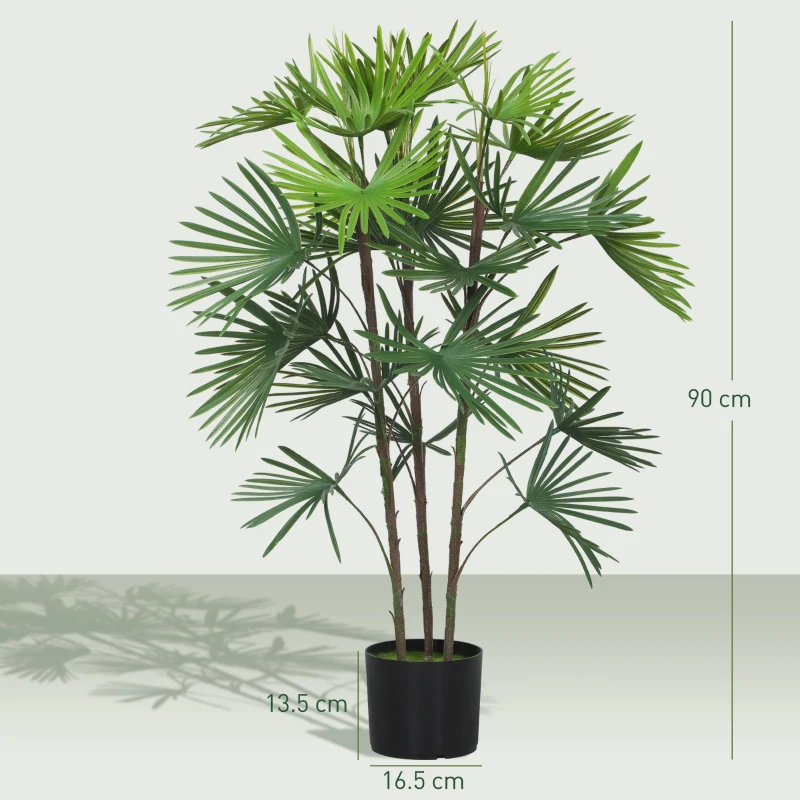 HOMCOM Palmă Artificială de 90 cm cu 24 de Frunze din Plastic Verde cu Ghiveci de Ø16.5x13.5 cm