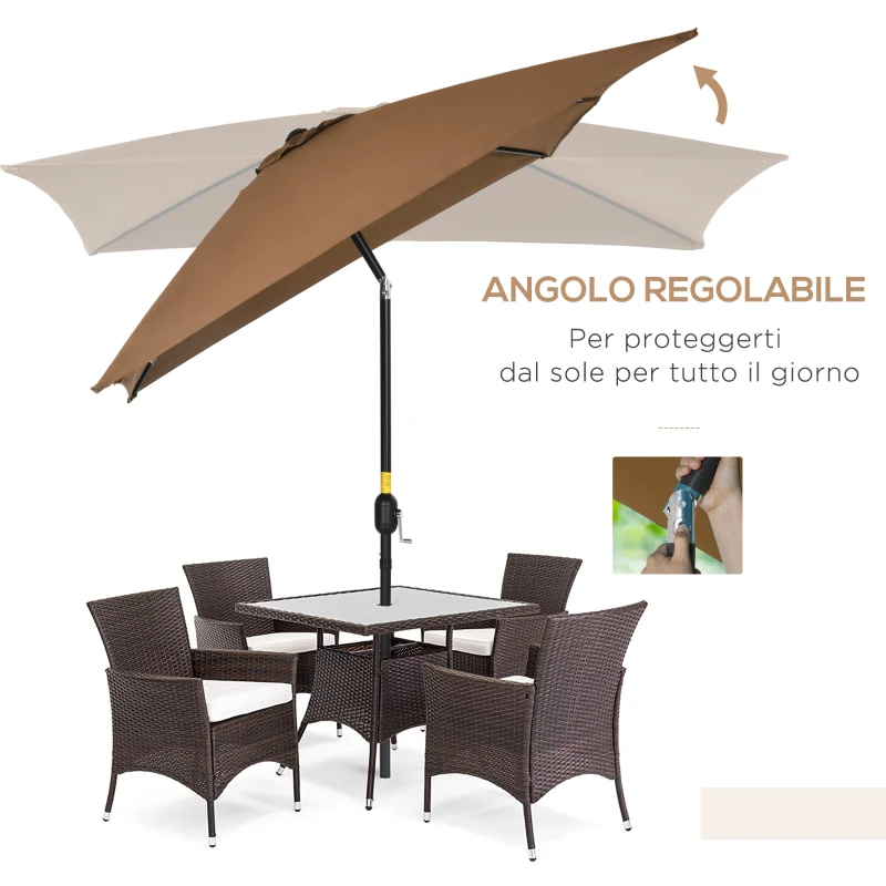 Outsunny Ombrellone da Giardino 2x3 m Rettangolare con Manovella e Angolazione Regolabile, Caffè