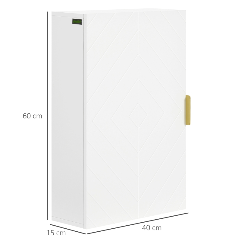 kleanking Armadietto Bagno a Muro con Anta Decorata, Maniglia Dorata e Ripiani Regolabili, 40x15x60 cm, Bianco