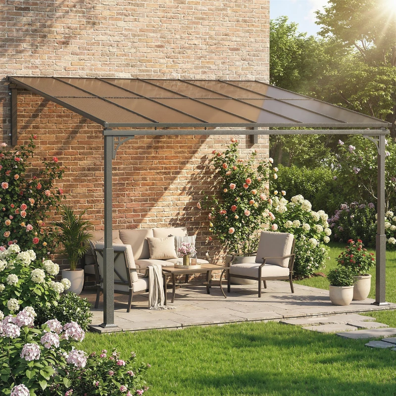 Outsunny 3.4 x 3 m Metal Lean-to Pergola, Wall-Mounted Garden Pergola with Polycarbonate Roof and Metal-Aluminium Frame, Brown