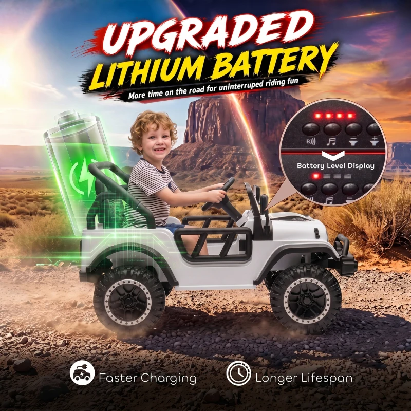 AIYAPLAY Mașină Electrică pentru Copii 12V, Buggy Electric pentru Copii, 2 Motoare, Telecomandă 2,4G, Baterie Litiu, Alb