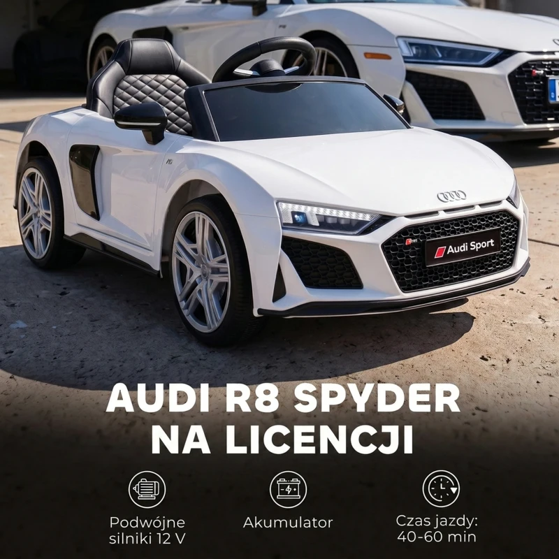 AIYAPLAY Elektryczny samochód dla dzieci 12V z pilotem, akumulatorem litowym, 2 silniki, miękki start, tylne zawieszenie Biały