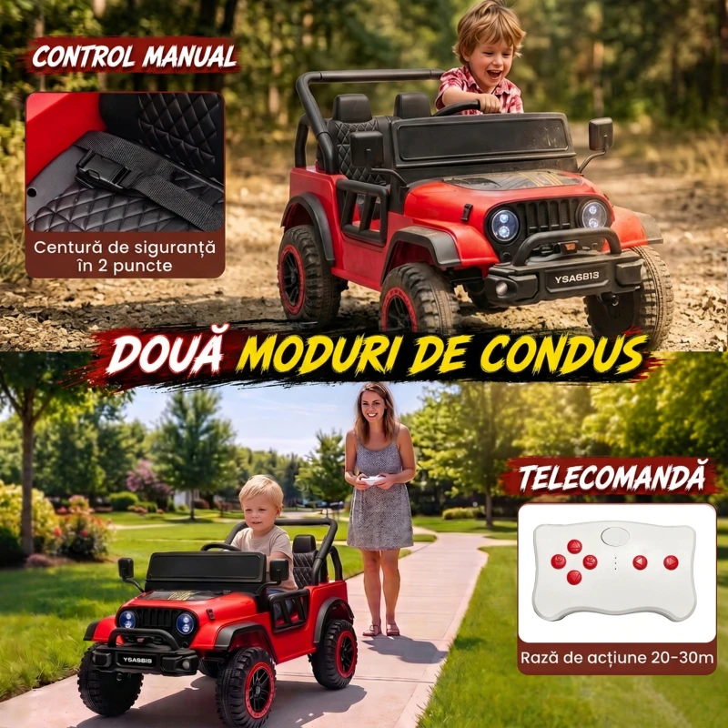 AIYAPLAY Mașină Electrică pentru Copii 3+ Ani, 12V, cu 2 Motoare, Telecomandă, USB, Muzică și Claxon, 3-5 km/h, Roșu