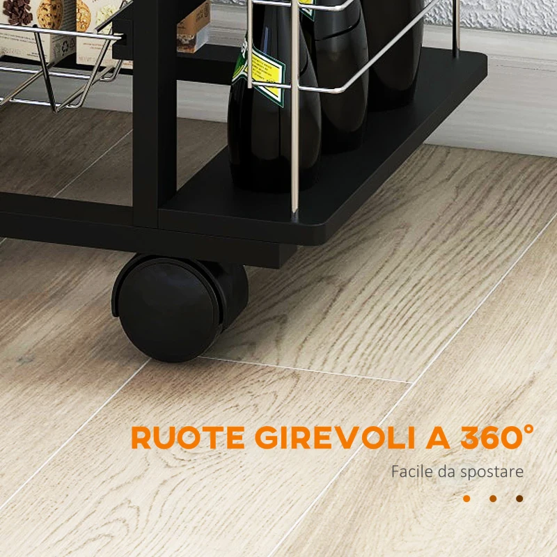 HOMCOM Carrello da Cucina con Cassetto, 4 Cesti di Frutta Estraibili e Piano in Ceramica, Carrello Cucina Salvaspazio con 4 Ripiani Laterali in Legno di Pino e Metallo, 57x37x83 cm, Nero