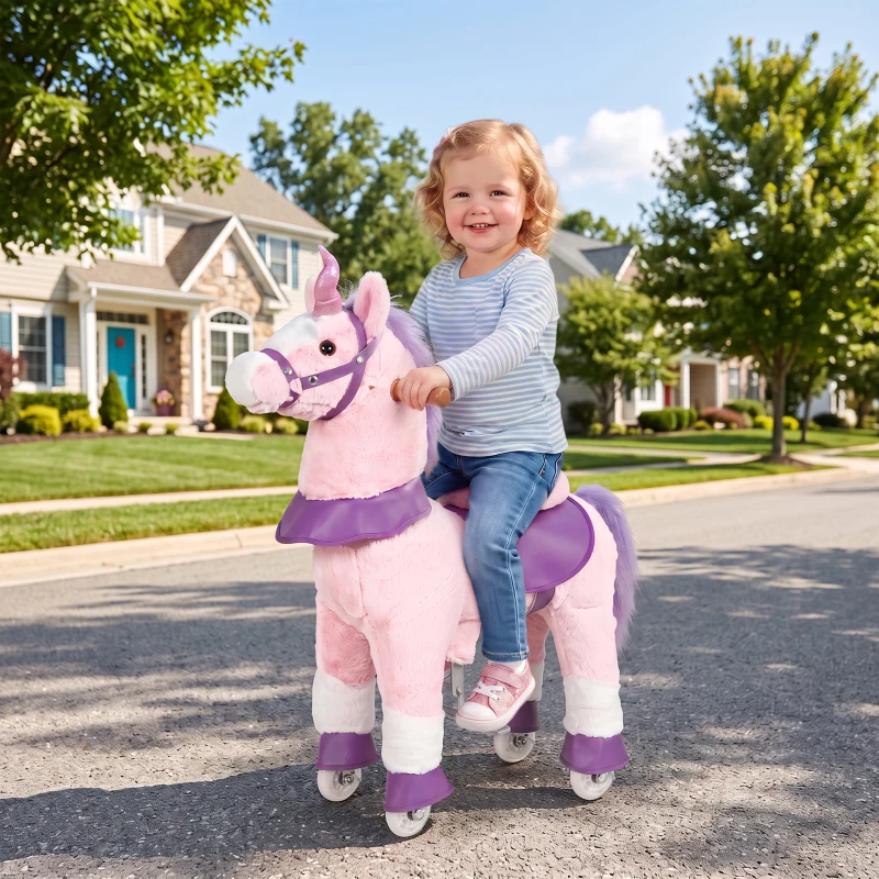 AIYAPLAY Cavallo per Bambini 2+ Anni con 4 Rotelle e Nitriti, Testa Girevole, Design a Pedali, Capacità 60 kg, Rosa