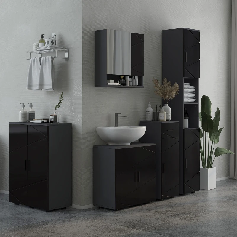 kleankin Armadietto con Specchiera Bagno a 2 Ante e Mensole Regolabili in Legno, 55x17x55cm, Nero