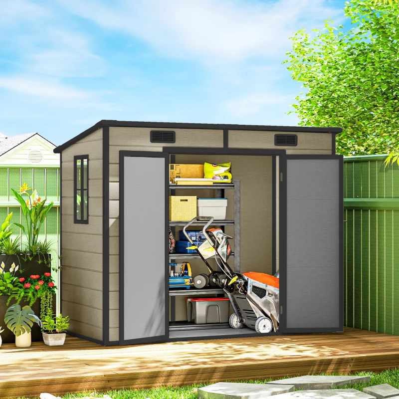 Outsunny Casetta da Giardino 2.54m² in PP e Alluminio con Pavimento, Tetto Inclinato, Doppia Porta Bloccabile, Finestra, Guanti, Marrone Chiaro