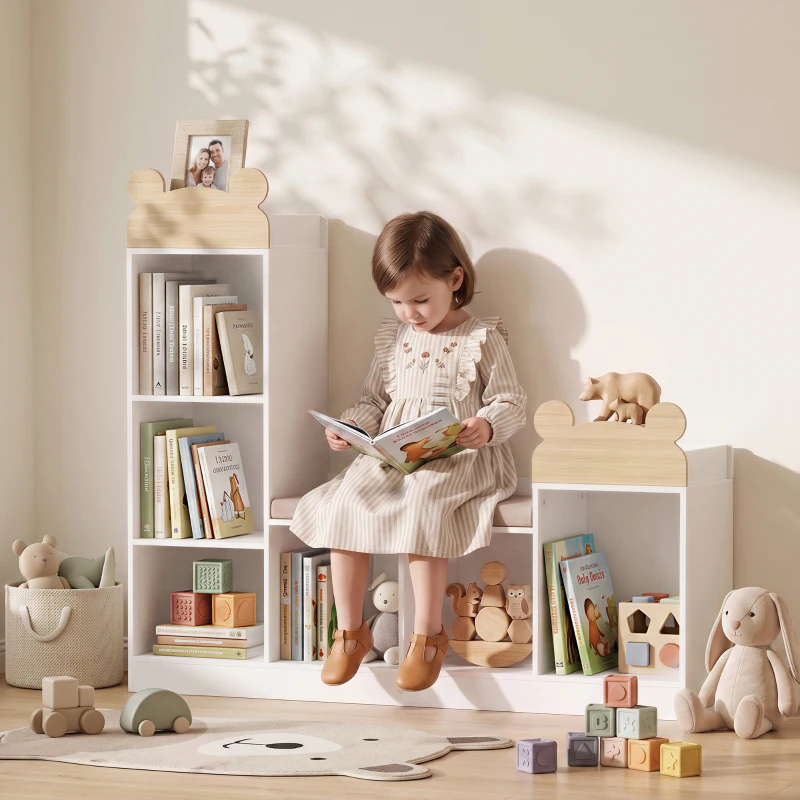 AIYAPLAY Bibliothèque Enfant, Meuble Rangement Enfant 3 en 1 avec Banc, 6 Compartiments, 2 Étagères, Coussin d'Assise, Blanc