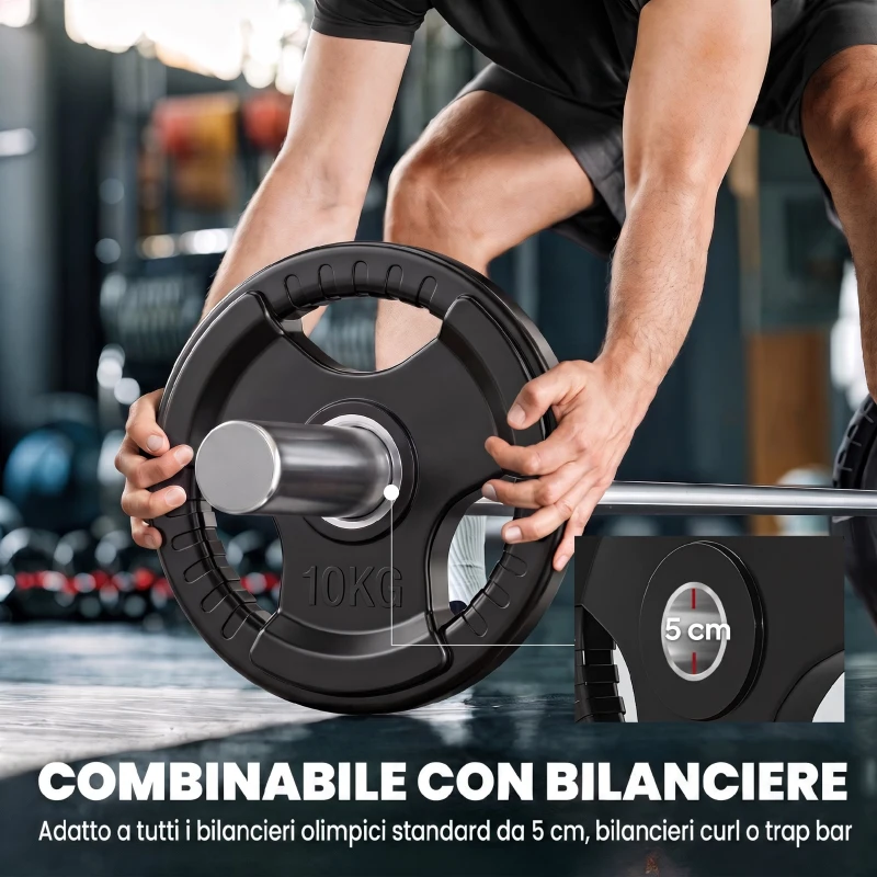 SPORTNOW Set Dischi Palestra Olimpici da 2x10 kg, Foro Ø50 mm, Dischi Pesi, Rivestiti in Gomma, 3 Maniglie Ergonomiche, Nero