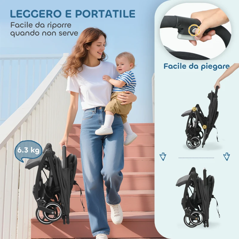 AIYAPLAY Passeggino per Bambini 0-3 Anni Pieghevole e Leggero con Schienale Regolabile, Capottina, Cestino, Grigio Scuro