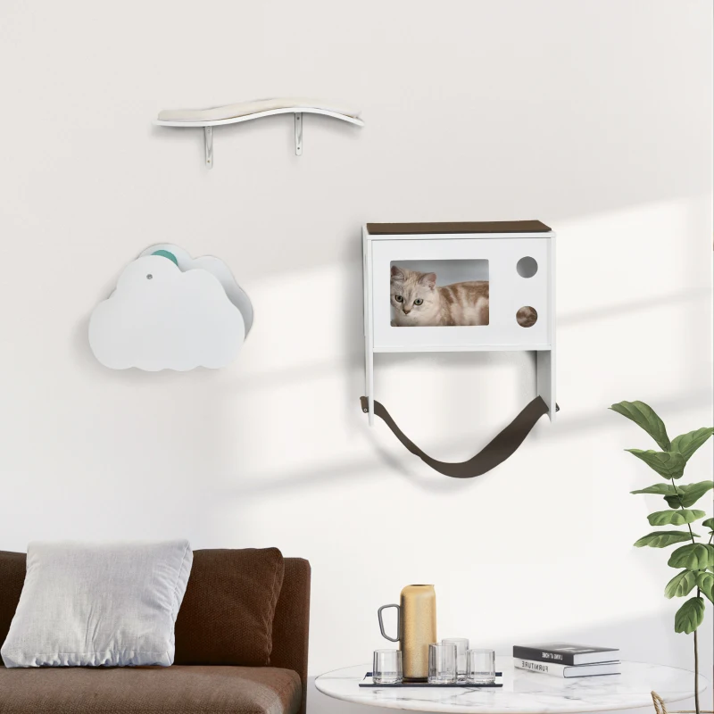 PawHut Juego de Escalada para Gatos de Pared de 3 Piezas con Caseta Plataformas Hamaca y Poste de Sisal Blanco