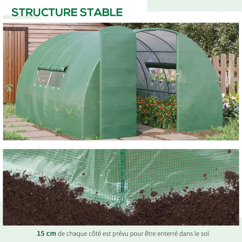 Outsunny Serre de Jardin Tunnel 12 m² 4L x 3l x 2H m Acier galvanisé renforcé + PE Haute densité fenêtres Porte Vert