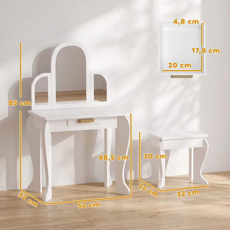 HOMCOM Toucador para Crianças com Espelho e Banco Toucador de Maquilhagem para Crianças de 3 a 6 Anos 52x32x85 cm Branco