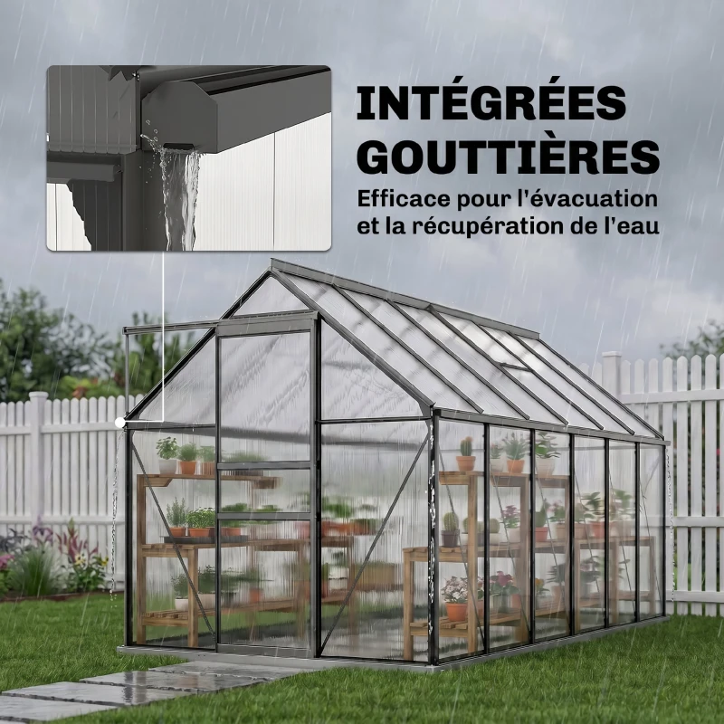 Outsunny Serre de jardin en aluminium polycarbonate avec fondation, serre avec fenêtre réglable porte coulissante 190x375x199cm