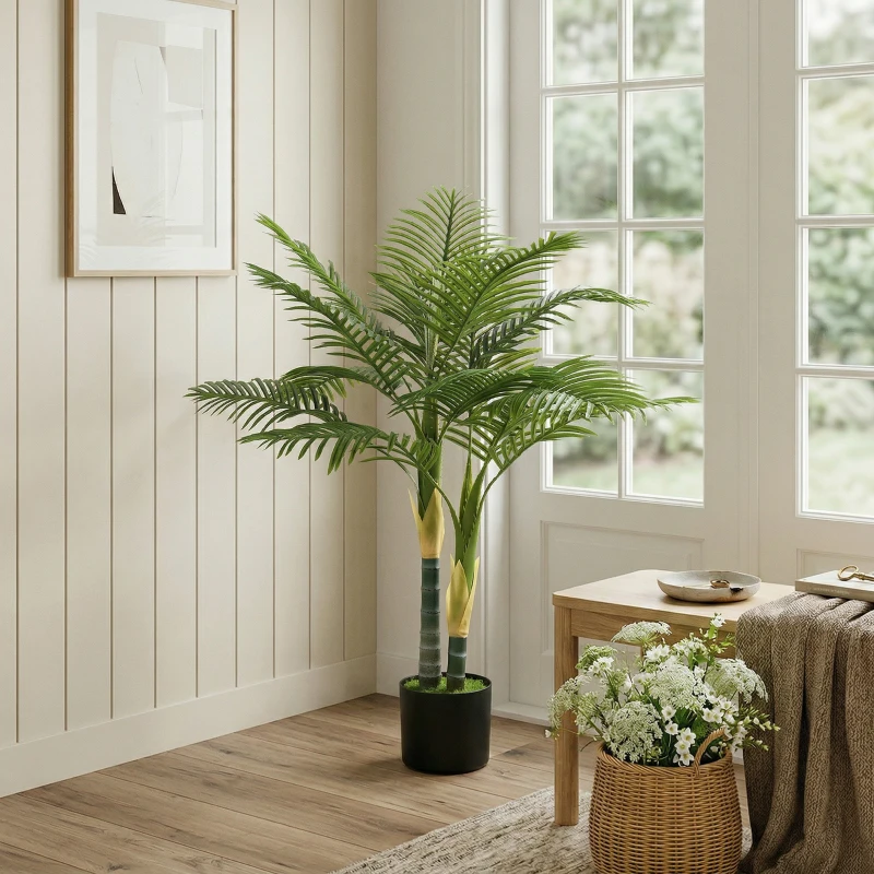 HOMCOM Artificial Palm Tree with 14 PEVA Leaves, 120cm Decorative Artificial Plant with Pot and Moss Effect, Green