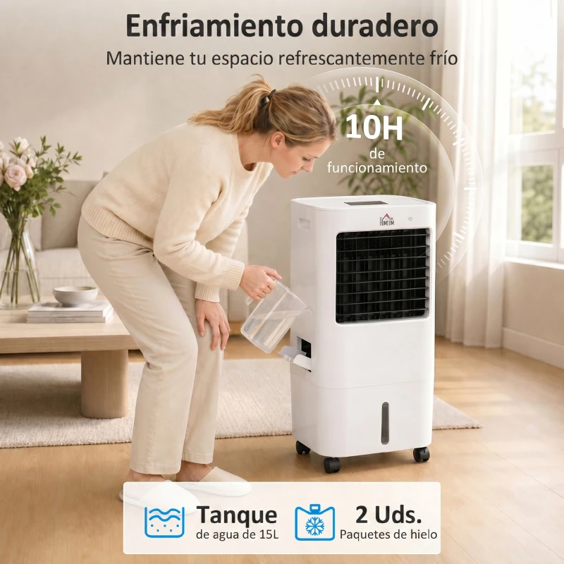 HOMCOM Enfriador de Aire Portátil Silencioso Aire Acondicionado con Pantalla LED y Control Remoto 32x37x74 cm Blanco