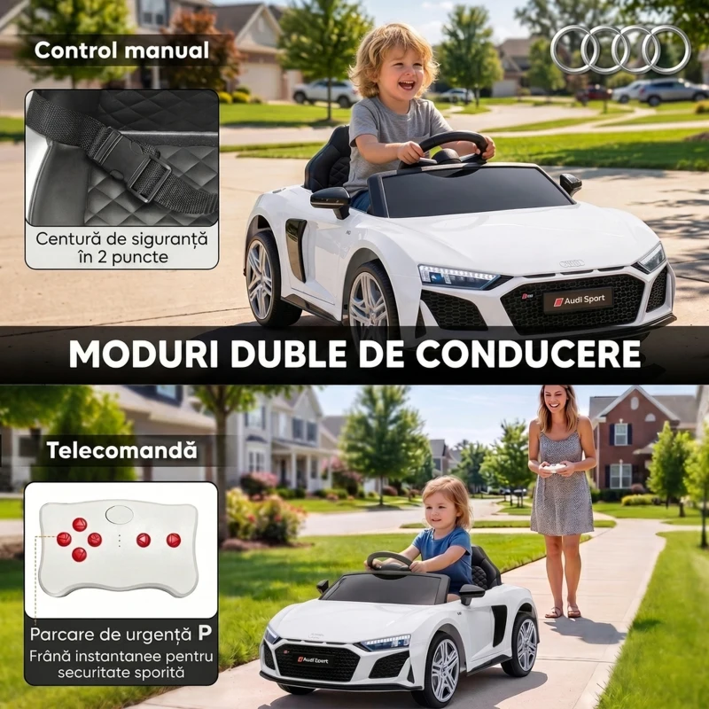 AIYAPLAY Mașină Electrică pentru Copii 12 V Audi R8 Spyder, 3-6 Ani, 3-5 km/h, 2 Motoare și Telecomandă, Albă