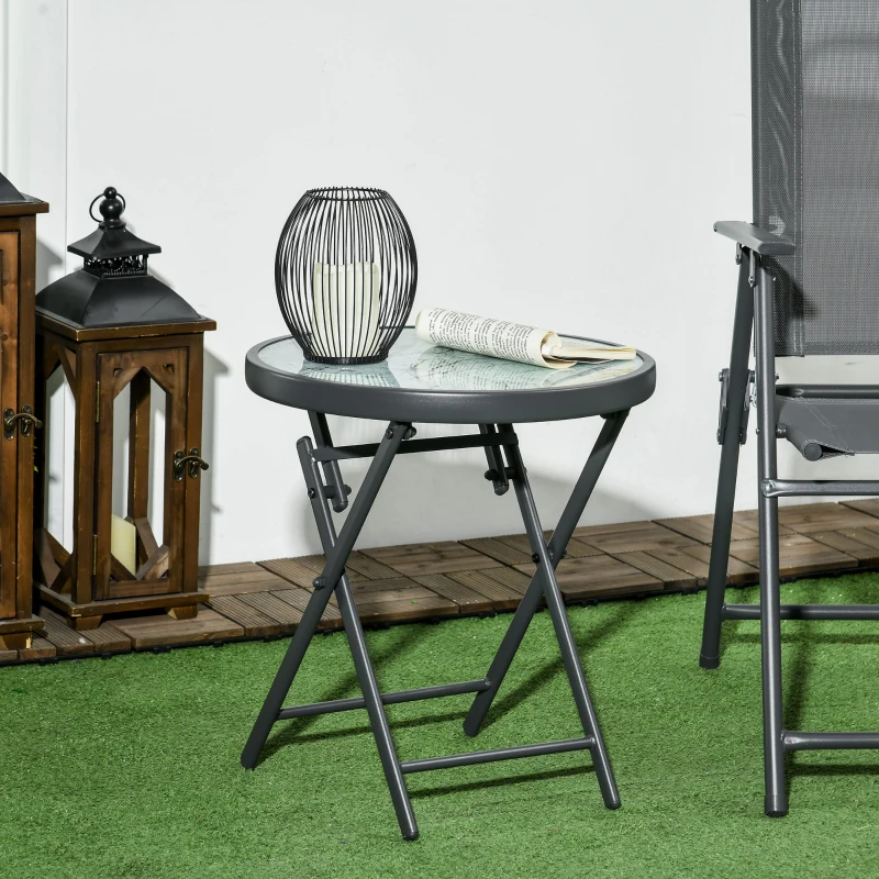Outsunny Tavolino da Caffè per Giardino Pieghevole con Piano in Vetro Effetto Marmo, Ø45x50cm, Grigio