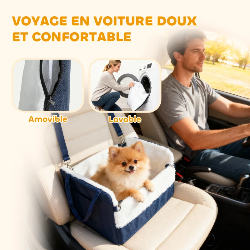 PawHut Siège auto pour chien avec ceinture de sécurité et fixation, siège de voiture pour chiens 55 x 46 x 32 cm bleu marine