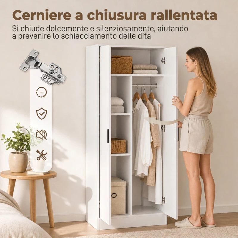 HOMCOM Armadio Slim con Barra Appendiabiti e Ripiani per Vestiti, 70x37x164 cm, Bianco