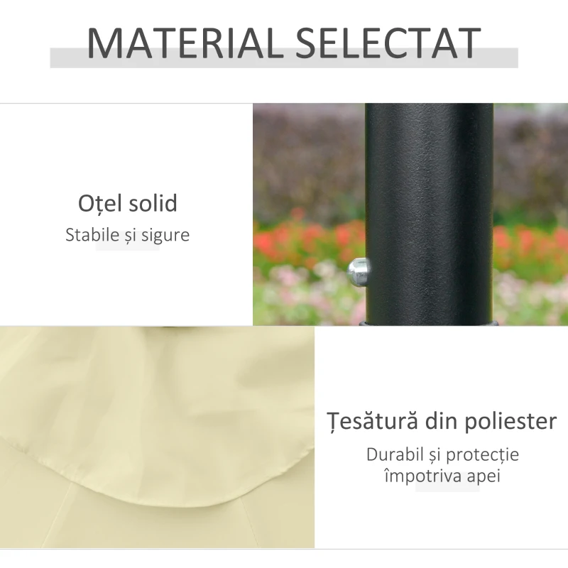 Outsunny Umbrelă de Grădină Inclinabilă Ø265 cm cu 32 Luminile LED Solare și Manivelă, Umbrelă de Exterior cu 8 Spițe, din Oțel, Poliester, pentru Patio, Curte, Balcon, Terasă, Bej