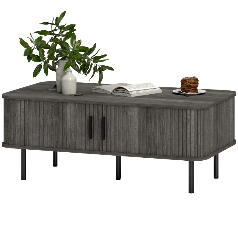 HOMCOM Coffee Table with Storage, Living Room Table with Slatted Tambour Sliding Doors and Adjustable Foot Pads, Rectangular Coffee Table with Elevated Base for Living Room, Grey Wood-Effect