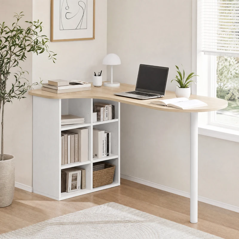HOMCOM Birou neregulat 100 x 59 cm cu 6 compartimente, 4 rafturi reglabile și cadru din oțel, stejar