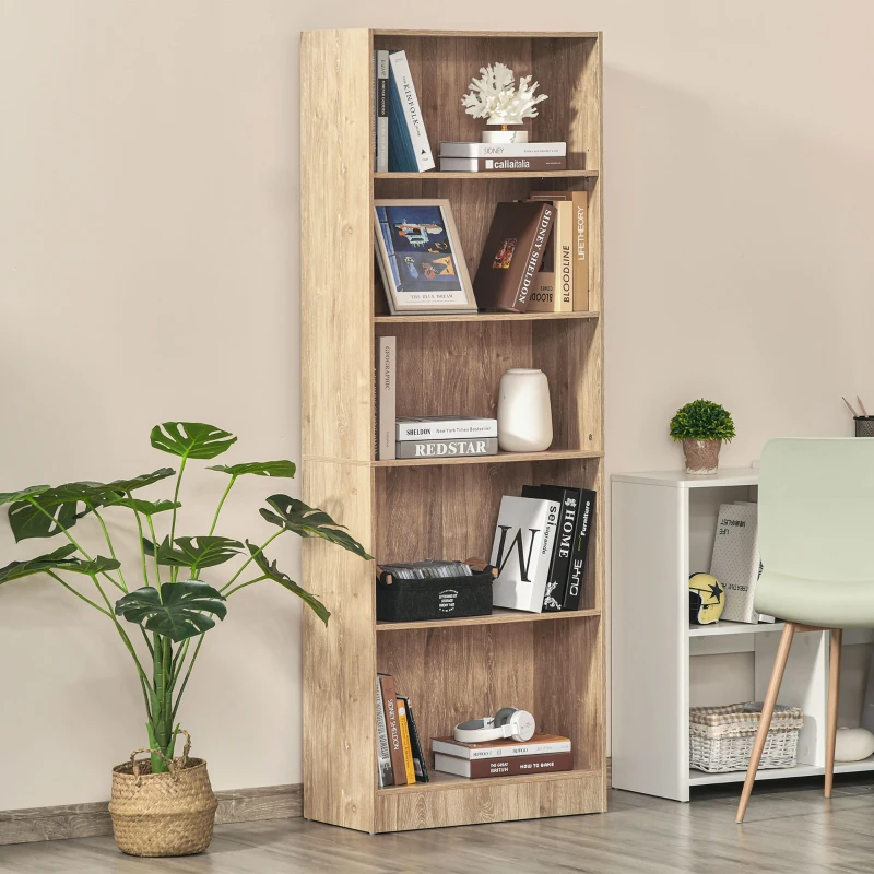 HOMCOM Librería Estantería de 5 Niveles para Libros con 3 Baldas Ajustables Antivuelco Almacenaje para Salón Oficina Estudio 63x29,5x176 cm Madera Natural