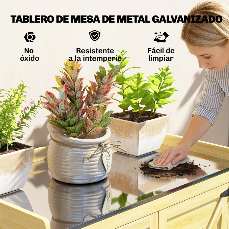 Outsunny Cobertizo de Jardín Exterior de Madera con Techo de Metal y Ganchos para Almacenaje Herramientas 71,5x39x95 cm Natural