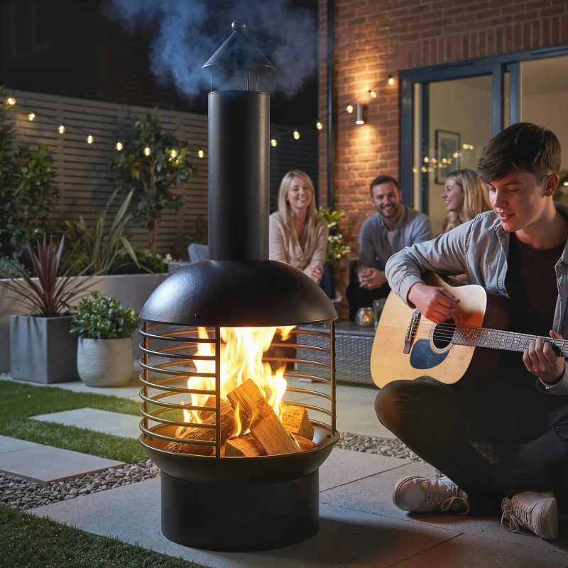 Outsunny Chimney Fire Pit, Portable Wood Burning Firepit with Poker, Charcoal Grid, Outdoor Fireplace for Garden Patio, Black
