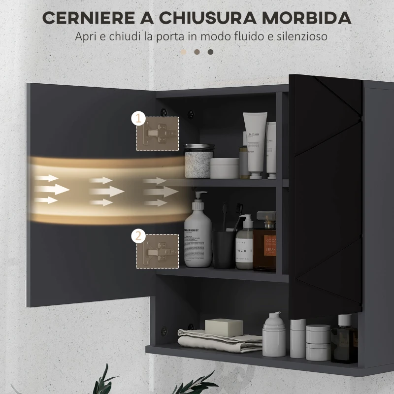kleankin Armadietto con Specchiera Bagno a 2 Ante e Mensole Regolabili in Legno, 55x17x55cm, Nero