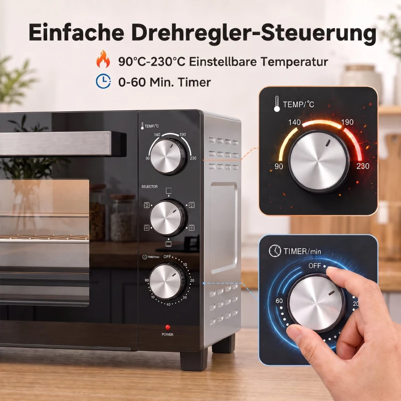 HOMCOM 36 L mini piekarnik z termoobiegiem, regulacja temperatury 90–230 °C, 1500 W