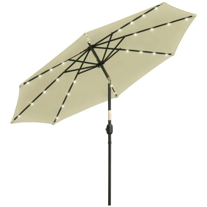 Outsunny Umbrelă de Grădină Inclinabilă Ø265 cm cu 32 Luminile LED Solare și Manivelă, Umbrelă de Exterior cu 8 Spițe, din Oțel, Poliester, pentru Patio, Curte, Balcon, Terasă, Bej
