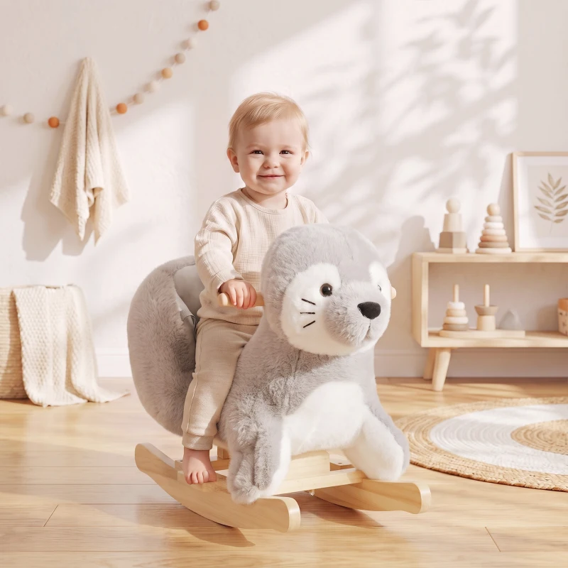 AIYAPLAY Cavallo a Dondolo per Bambini 1-3 Anni a Forma di Foca con Suoni Realistici, Cintura di Sicurezza, Grigio