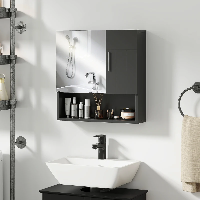 kleankin Armadietto Specchiera Bagno in Legno con Mensole Regolabili e Ripiano Aperto, 54x15.2x55.3 cm, Nero