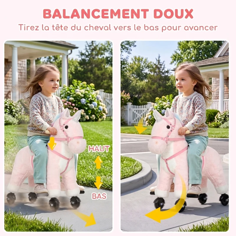 AIYAPLAY Cheval à Monter pour Enfant, Cheval à Roulettes en Peluche avec Effets Sonores, pour 1 à 3 Ans, Charge Max. 40kg, Rose