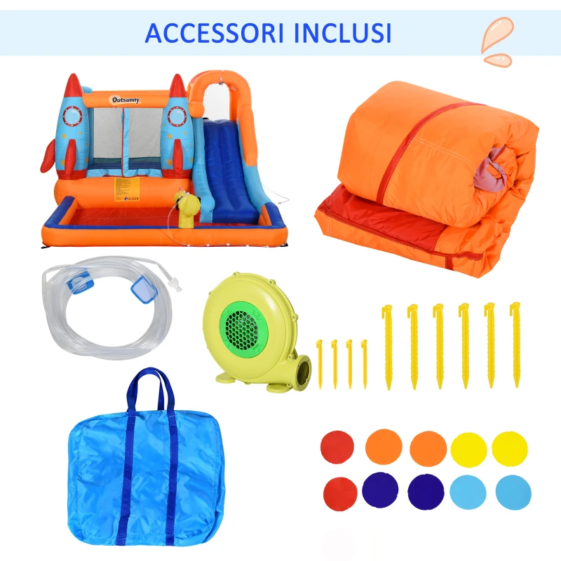 Outsunny Castello Gonfiabile per Bambini con Scivolo, Vasca e Trampolino, 350x250x185 cm, Multicolore